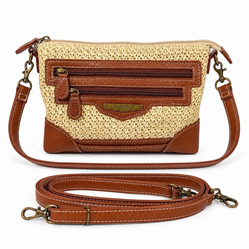 Stone & Co Woven Weave Crossbody Shoulder Bag Brown Multi Pockets Coastal Chic